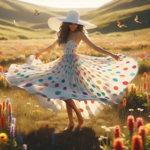 Woman in Sun Hat Spinning Joyfully in Polka Dot Dress