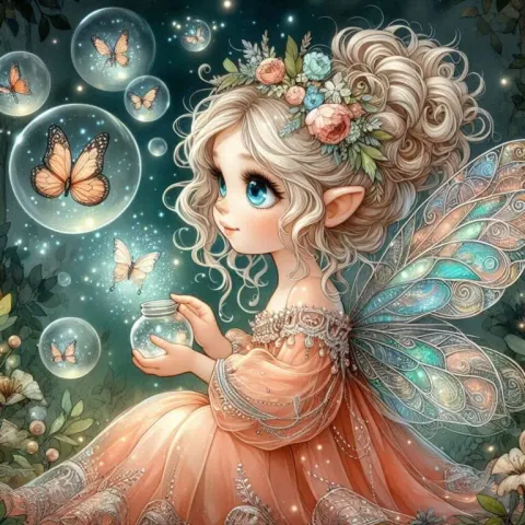 Blonde Fairy Girl With Orbs and Butterflies in Forest