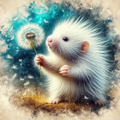 Fluffy Baby Porcupine Blowing Dandelion Oil Painting