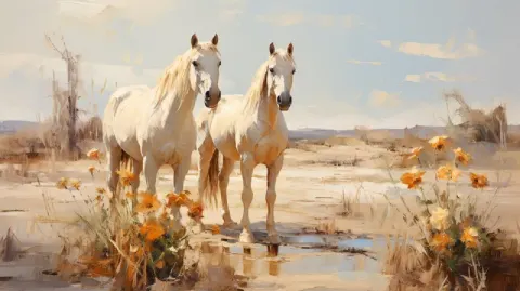 Horses Near Cottage Stable Monet Style Painting