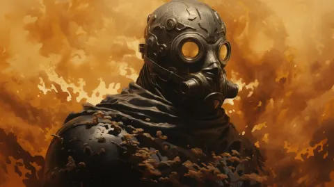 Inferno Cop 3D Collage in Burnt Umber Mists