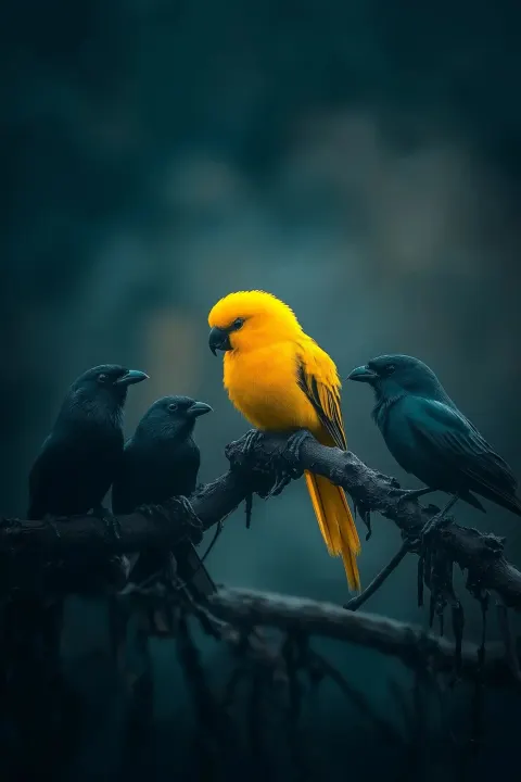 Lonely Yellow Bird Amidst Black Birds