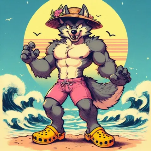 Anthropomorphic Werewolf in Pink Bikini at Ocean