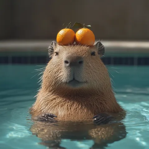 Capybara Poolside with Oranges