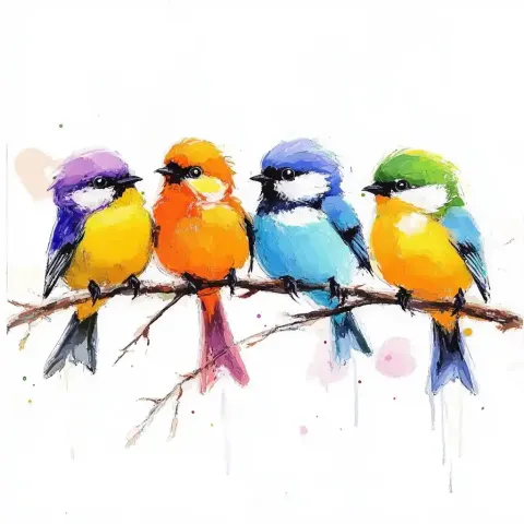 Colorful Birds on Branch