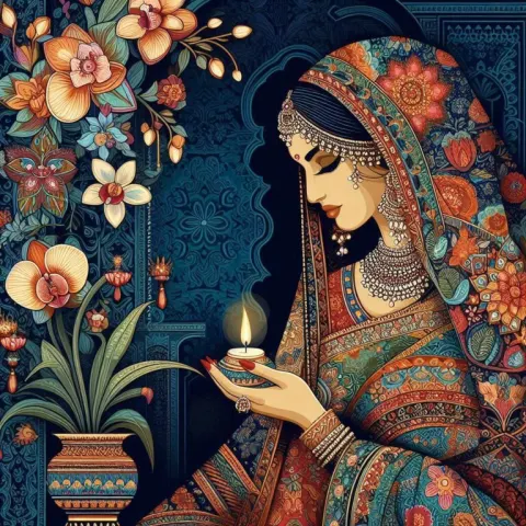 Indian Lady in Traditional Dress With Orchid Motifs