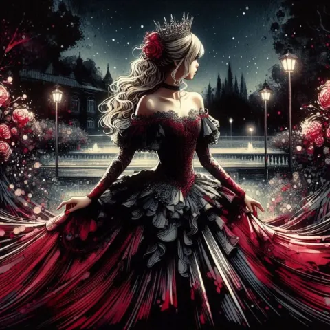 Gothic Lolita Girl in Gown and Tiara Night Garden
