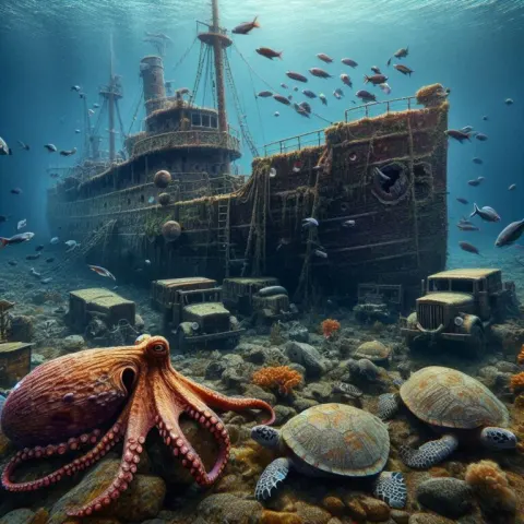 Sunken Merchant Navy Ship With Octopus in Red Sea