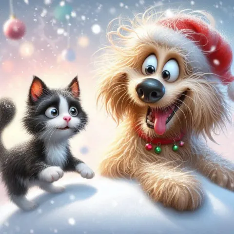 Playful Christmas Scene with Dog and Kitten