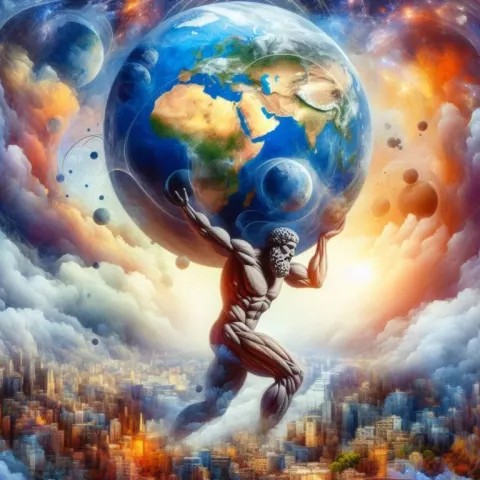 Surreal God Atlas Carrying the World on His Shoulders