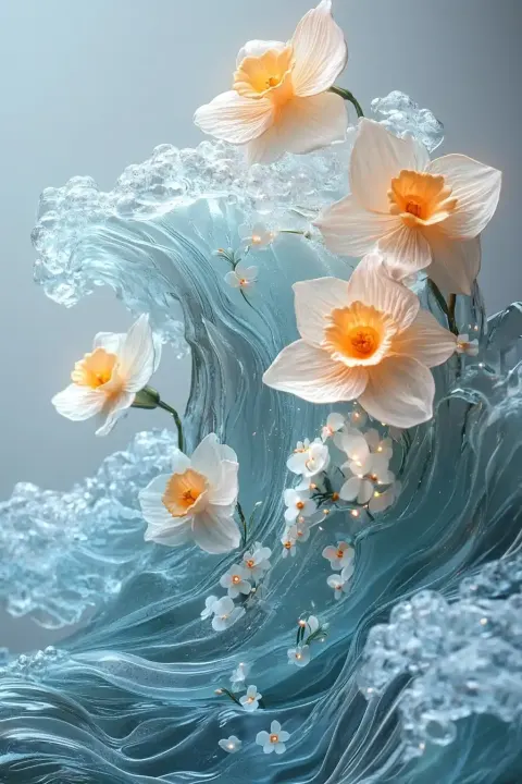 3D Aquamarine Waves and Daffodils