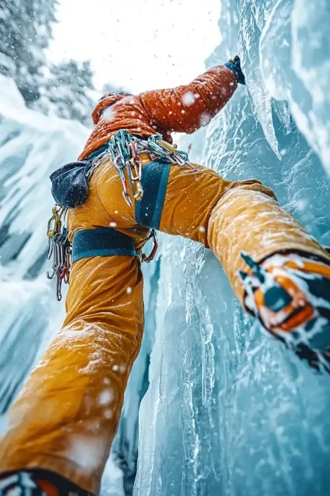 Climber Ascending Icy Waterfall