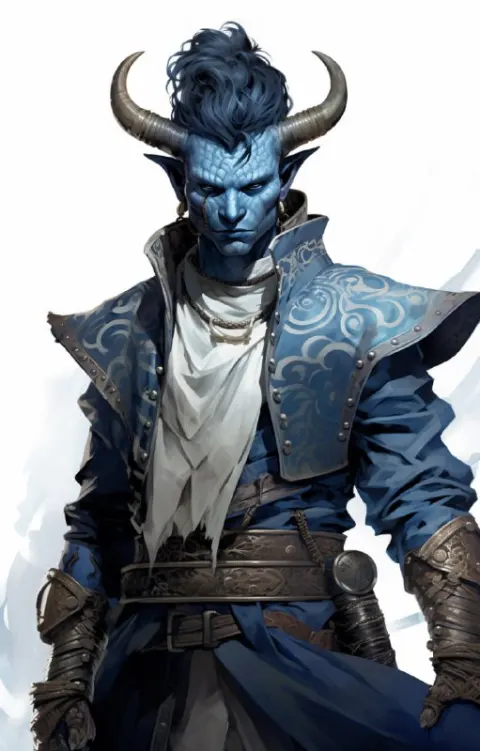 Blue-Skinned Aztec Tiefling Demon Fighter DnD Art