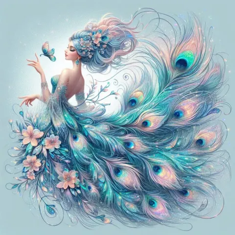 Peacock With Holographic Feathers and Flowers