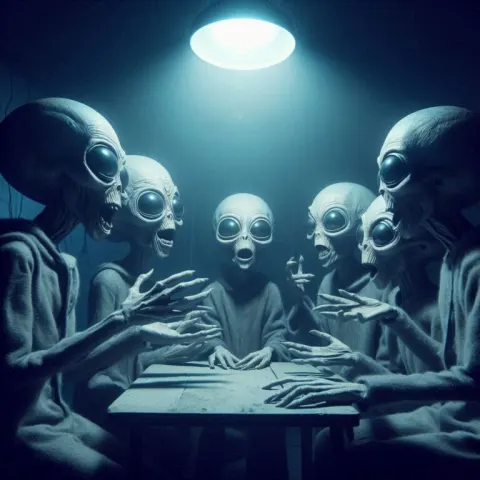 Aliens Swapping Absurd Stories in Dim Eerie Room