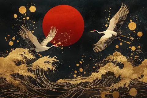 Golden Cranes and Waves