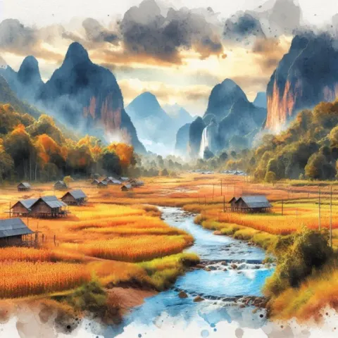 Sunflower Field With Mountain Waterfall Watercolor