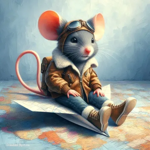 Mouse Aviator Flying Paper Airplane Map Oil Painting