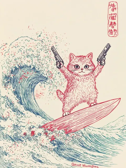 Persian Cat Surfing Wave