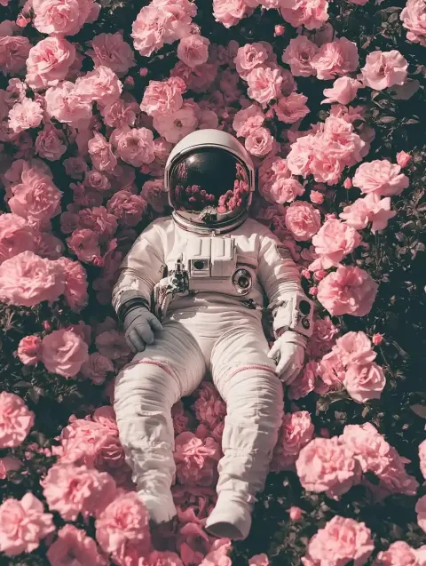 Astronaut Among Pink Roses