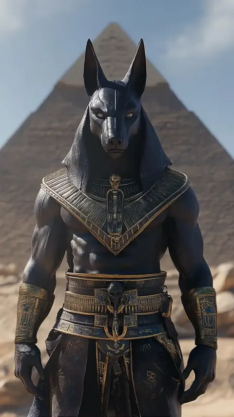 Realistic Anubis Before Pyramid