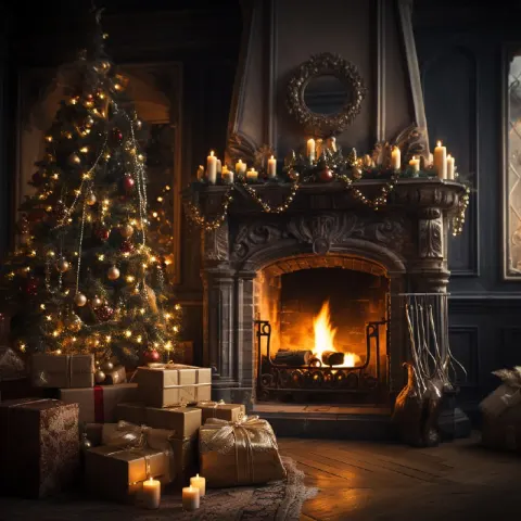 Christmas Living Room With Tree and Fireplace