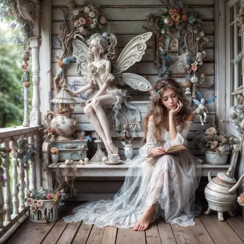 Shabby Chic Folk Art Woman on Fairy-Tale Porch