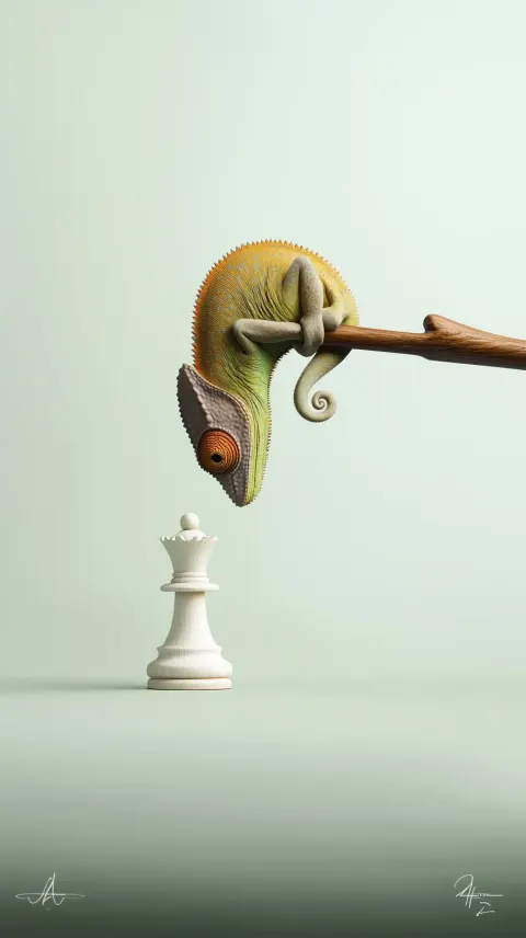Chameleon Observing Chess Piece