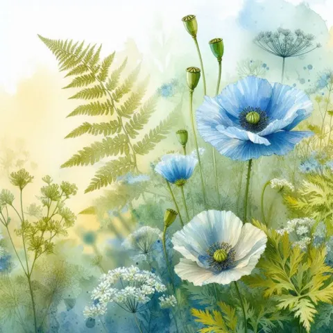 Blue Poppies and Cow Parsley Realistic Watercolor