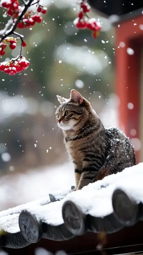 Crouching Cat on Snowy Roof
