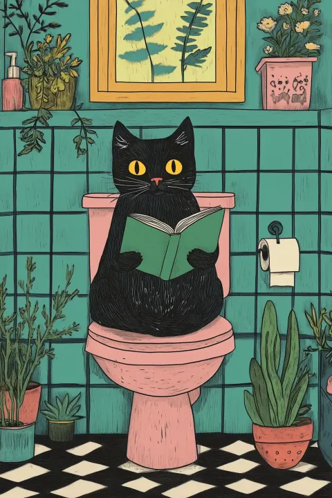 Whimsical Cat Reading Bathroom