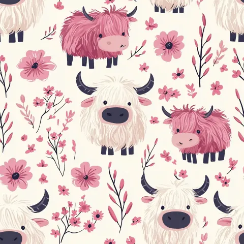 Cartoon Highland Cows with Flowers