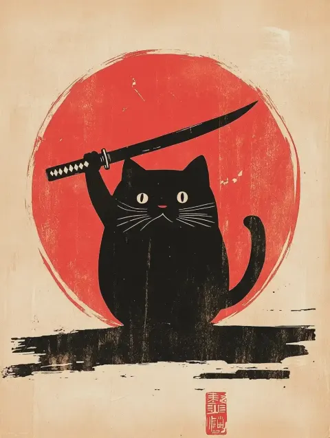 Minimalist Cat with Katana