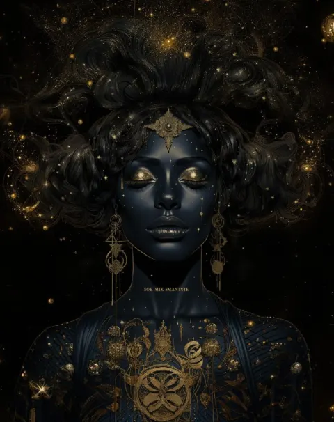 Dark-Skinned Woman Under Stars Golden Age Glitter Art