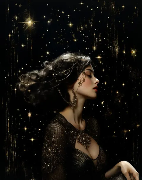 Intense Woman Under Planets Golden Age Illustration