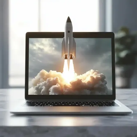 Realistic Laptop with Rocketship