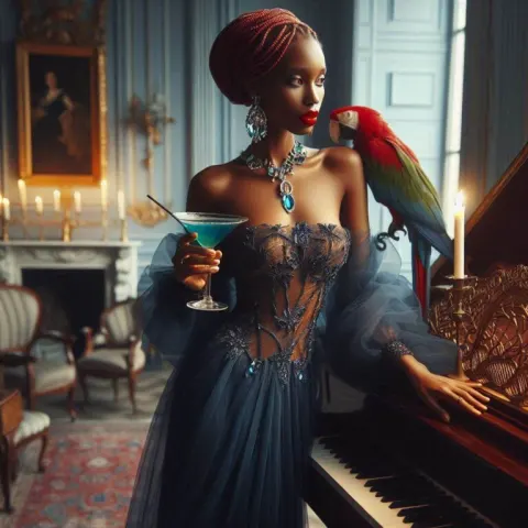 Red-Haired Woman by Grand Piano in Palladian Home