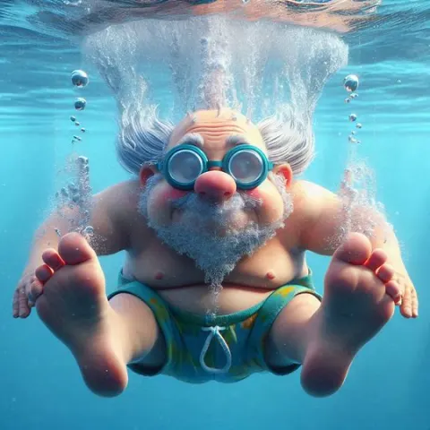 Chubby Old Man Diving Underwater Pixar Style Comedy
