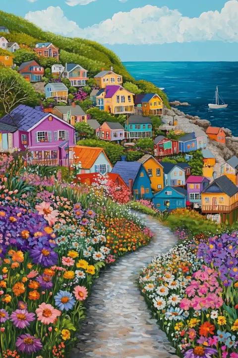 Colorful Coastal Village Acrylic