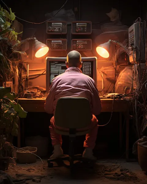 Bald Man at Computer Seen From Behind Light Tones