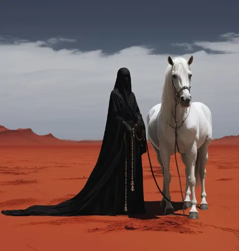 Old Woman in Black Dress With White Horse Desertpunk
