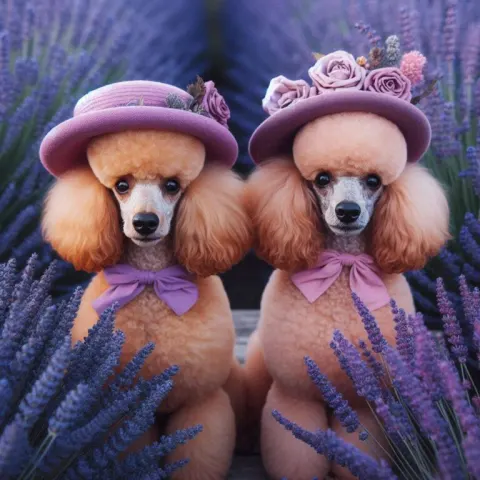 Apricot Poodles in Pink Hats Lavender Blue Art