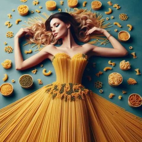 Woman in Dress Made of Spaghetti and Macaroni