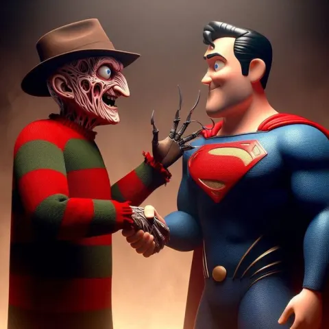 Freddy Krueger Shaking Hands With Superman Pixar Style