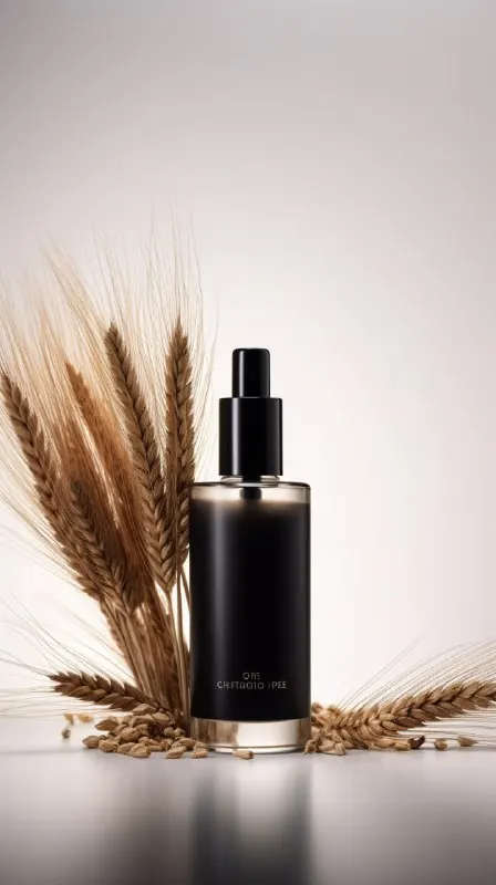Black Face Serum Bottle With Pampas Grass Product Ad