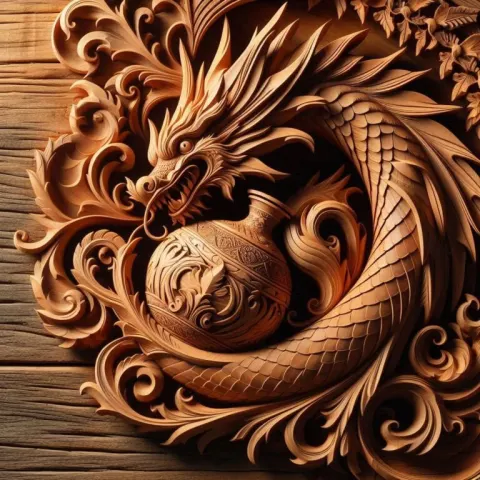 Steampunk Dragon Curve Fractal Jug Carved in Wood