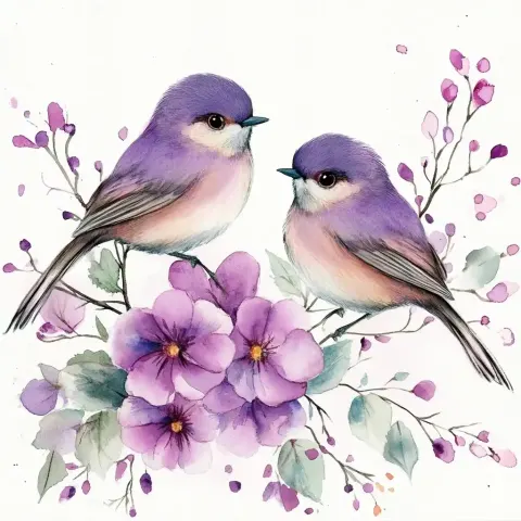 Watercolor Purple Birds Floral