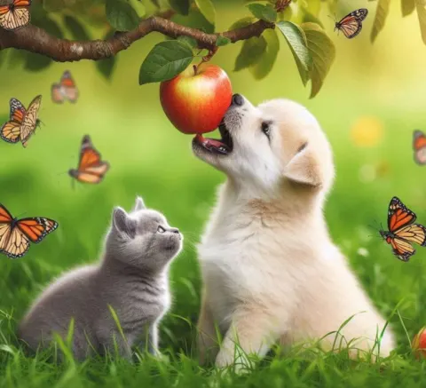 Puppy Picking Apple From Tree With Kitten and Butterflies