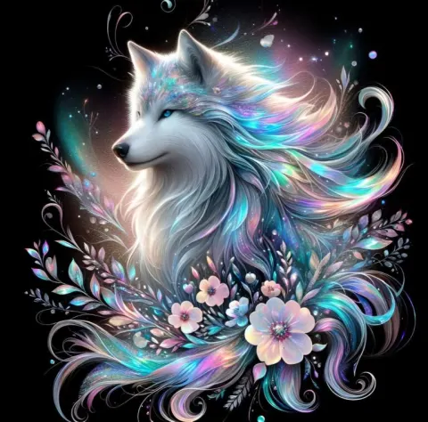 Wolf With Holographic Flowing Fur and Flowers