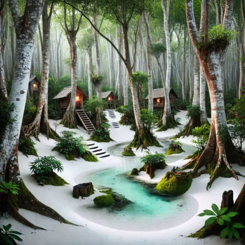 Whimsical Forest With White Sand and Serene River